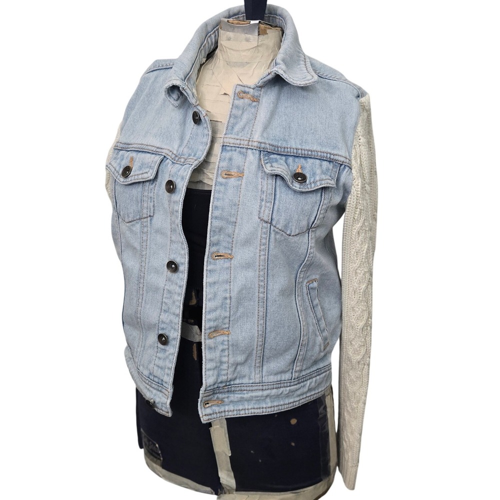 Roxy‎ Denim Jacket Womens Small Knit Sweater Sleeves Light Wash Blue Surf Boho